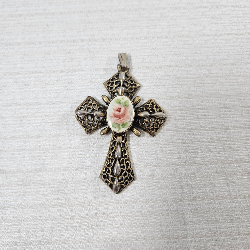 Vintage Filigree Cross Pendant Pink Rose Porcelain GoldTone Victorian  romantic